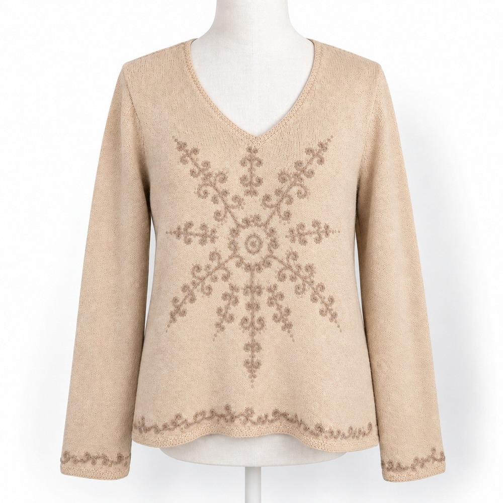 Vintage Y2K Snowflake Embroidered Sweater Size M Tan Cottagecore Winter Boho